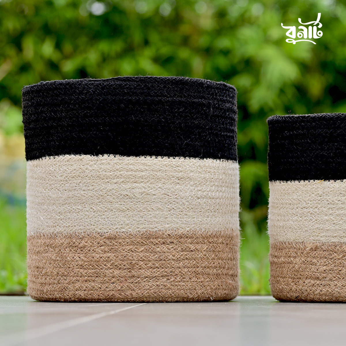 Black with bleach Jute Rope Round Basket (Set of Three)