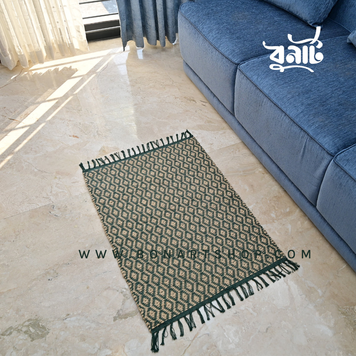 Jute Cotton Zigzag Rectangular Floor Mats (Green)